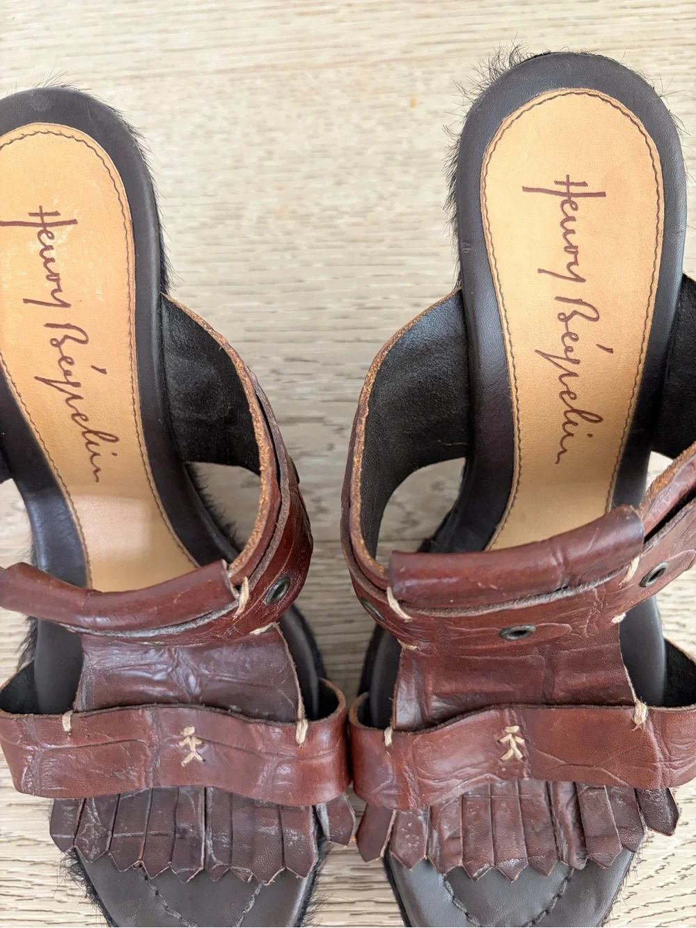 Henry Beguelin Made in Italy Pony Hair And Brown Leather Platform Wedge Mules